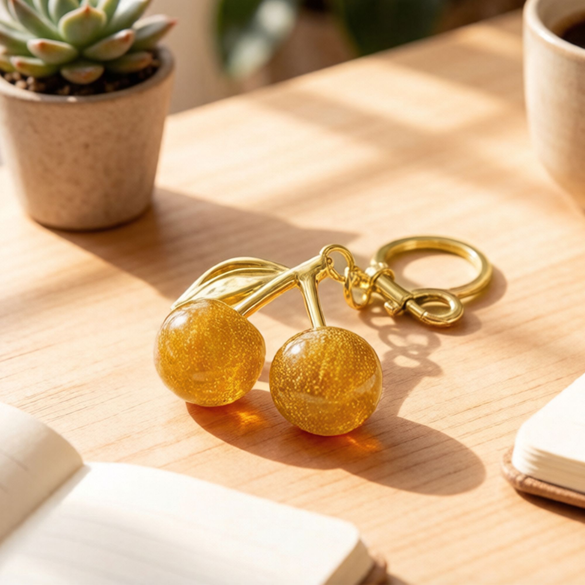 Cherry Charm Keychain with Glitter Fruit Pendant Gold Tone Clip and Key Ring Bag Accessory