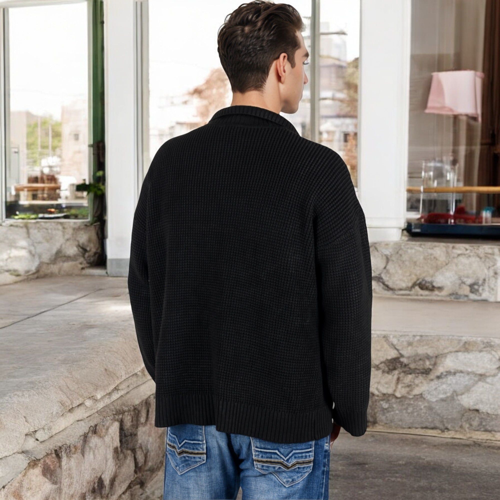 Anna-Kaci Men's Waffle Knit Zip-Up Cardigan with Classic Collar and Relaxed Fit