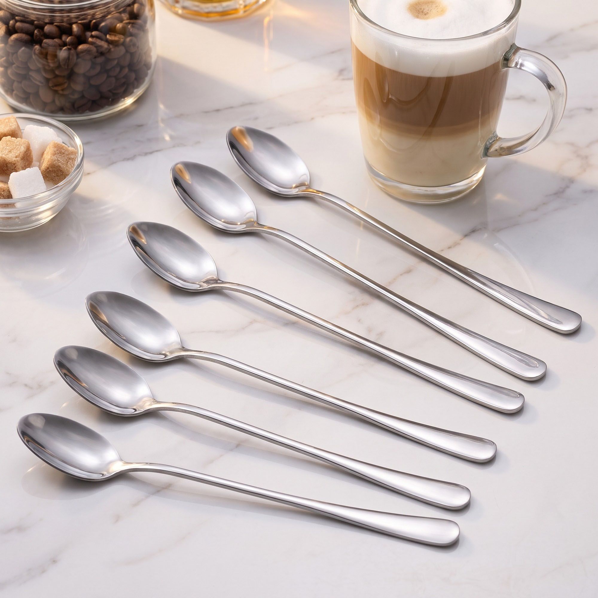 6-Piece Long Handle Stainless Steel Coffee and Iced Tea Spoon Set