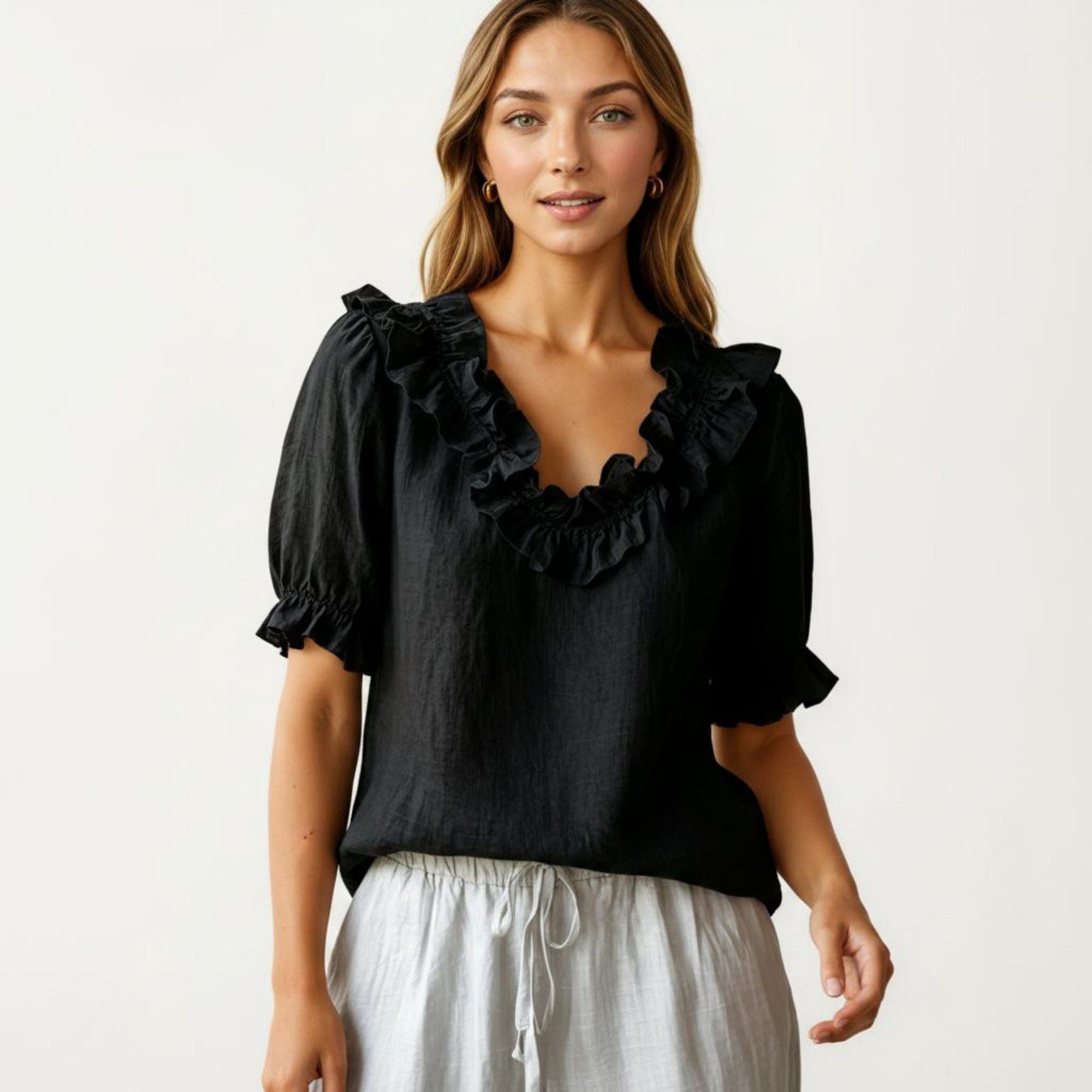 Anna-Kaci Women's Ruffle Neck Blouse with Short Puff Sleeves and Textured Linen-Like Fabric