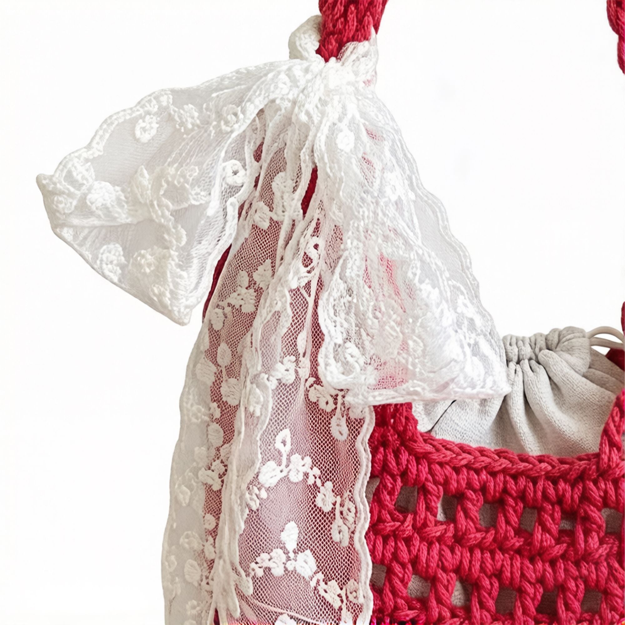 Crochet Shoulder Bag with Lace Bow Detail Knit Bucket Handbag Drawstring Lined Casual Everyday Tote