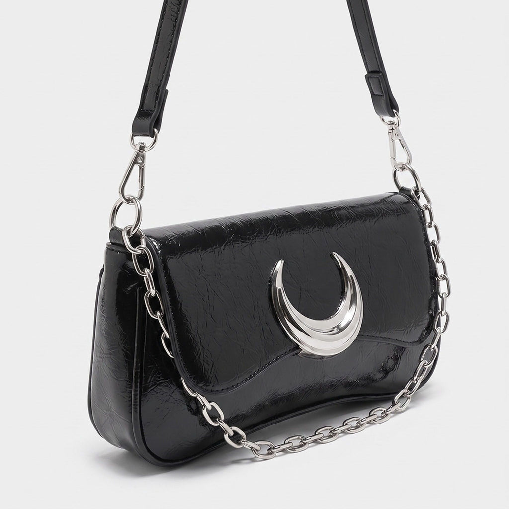 Glossy Crescent Accent Flap Shoulder Bag with Chain Detail