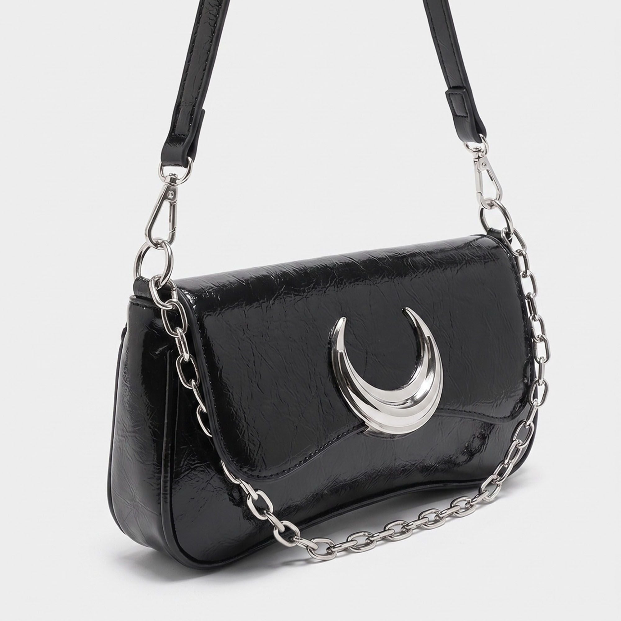 Glossy Crescent Accent Flap Shoulder Bag with Chain Detail