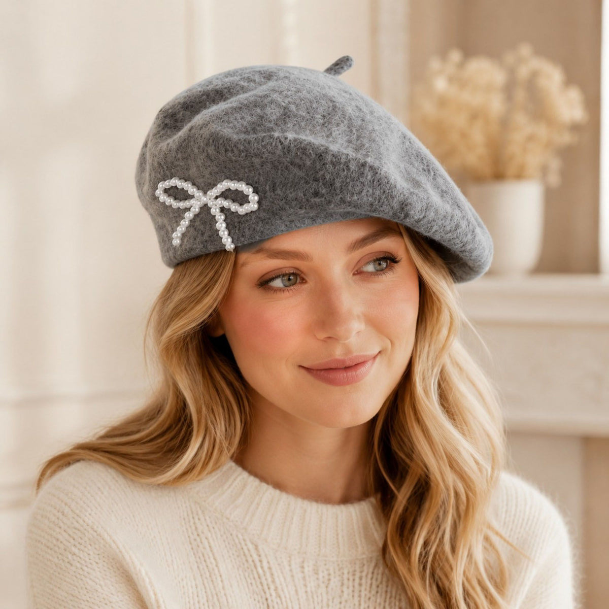 Pearl Bow Embellished Knit Wool Beret