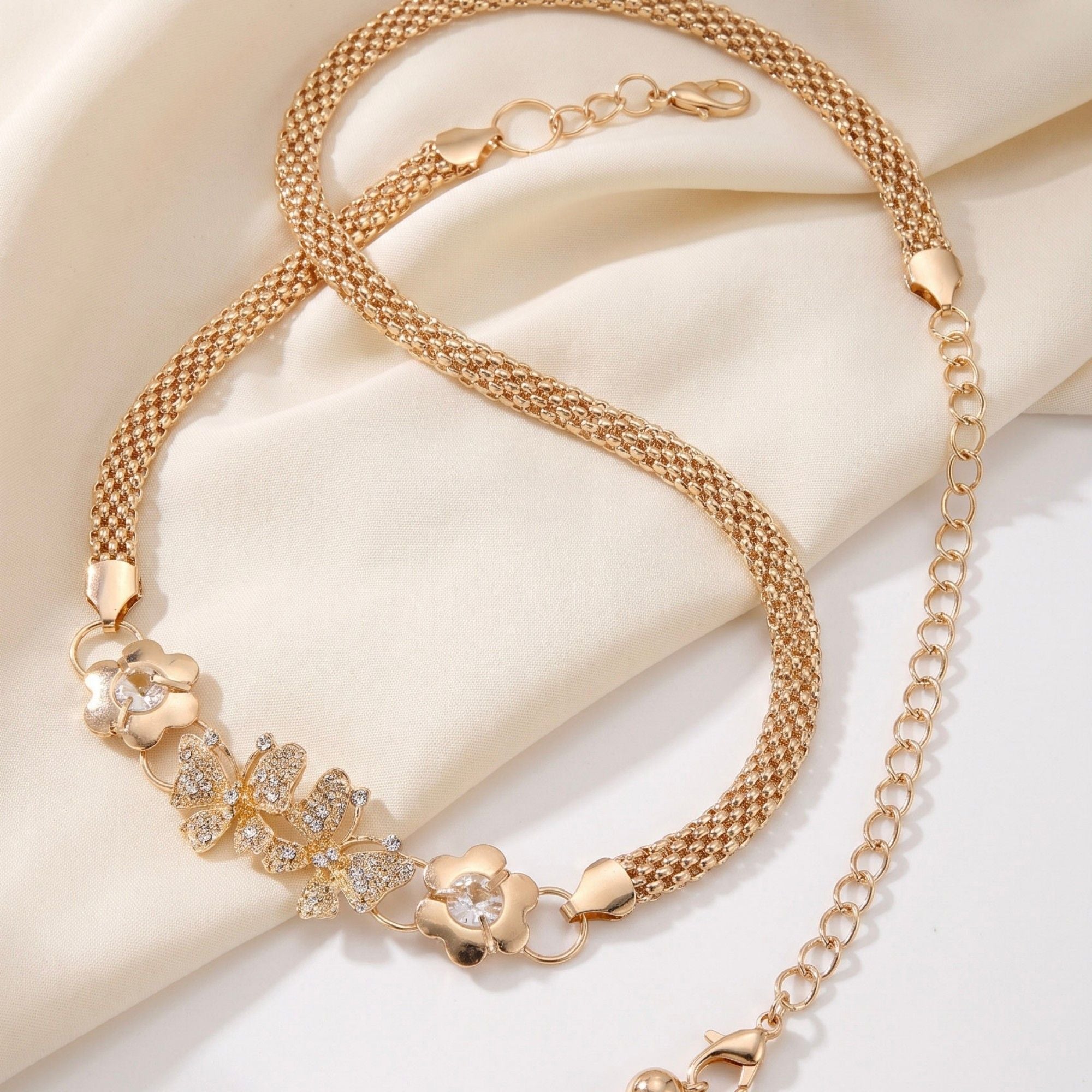 Rhinestone Butterfly Floral Mesh Metal Waist Chain Adjustable Glam Statement Waist Jewelry 43.3in