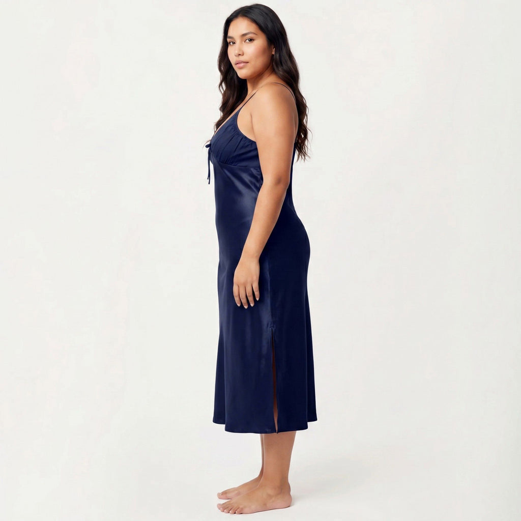 Anna-Kaci Lounge Women's Plus Size Satin Chemise Nightgown with Lace Trim Neckline Adjustable Straps Side Slit Slip Dress
