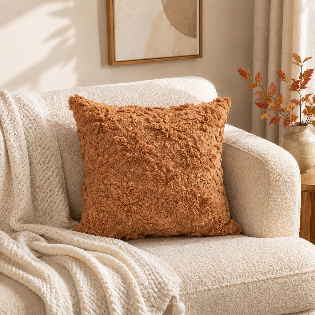 Textured Tufted Botanical Throw Pillow Cover for Couch Bed and Chair