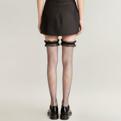 Anna-Kaci 2pcs Women's Fishnet Thigh High Stockings with Ruffled Lace Top Detail Soft Stretch Fit for Delicate Feminine Layered Styling