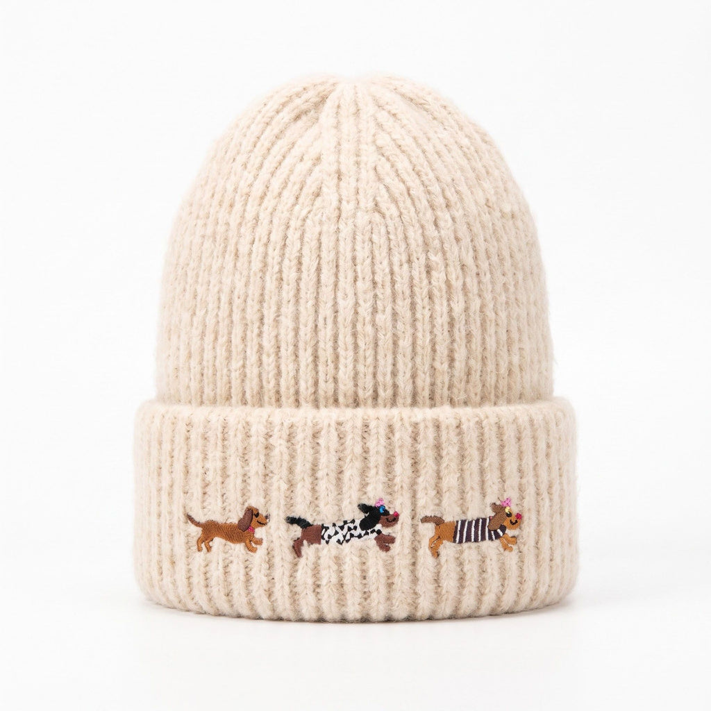 Embroidered Dachshund Knit Beanie Ribbed Cuff Winter Hat
