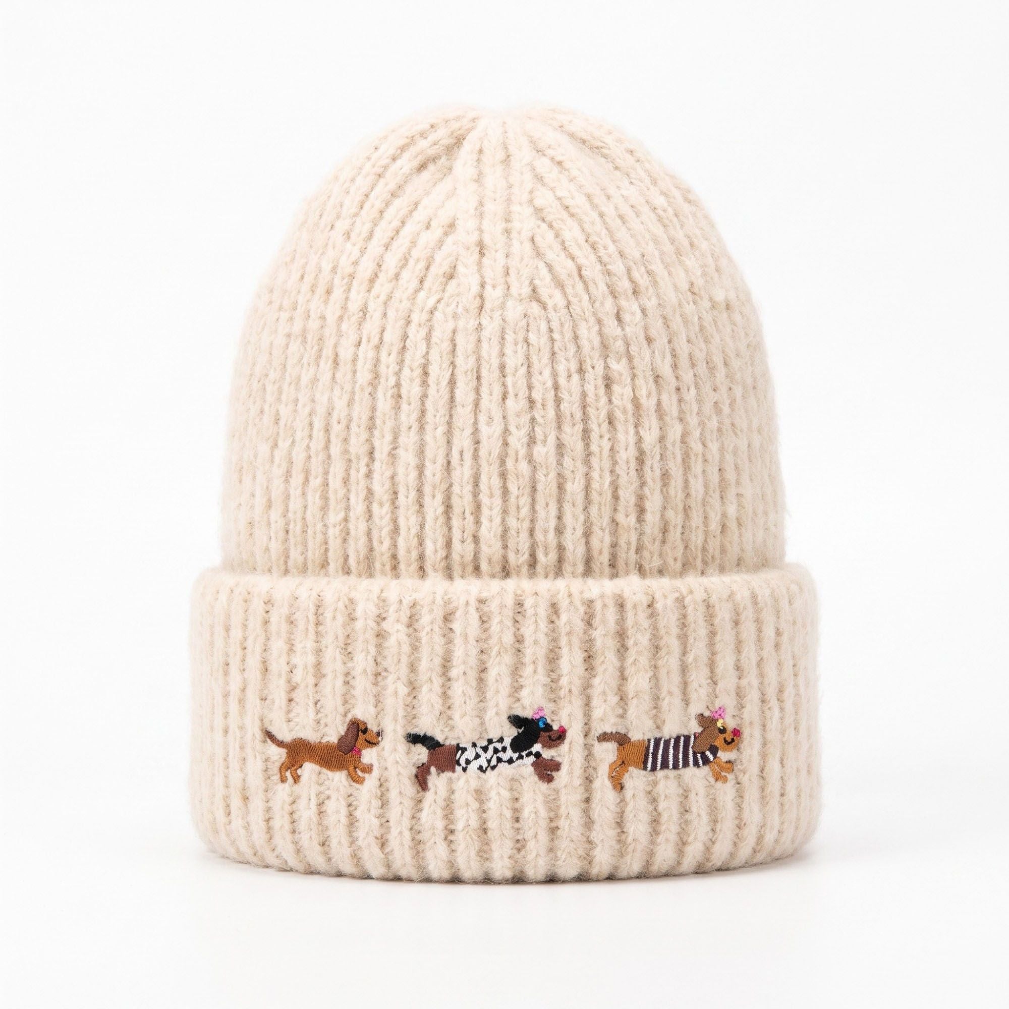 Embroidered Dachshund Knit Beanie Ribbed Cuff Winter Hat