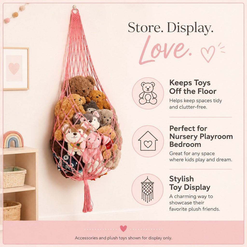 Macrame Hanging Stuffed Animal Storage Net Cotton Rope Corner Organizer