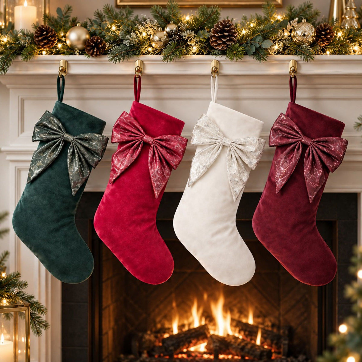 2 Pack 18 Inch Christmas Stockings with Oversized Bow Hanging Loop Holiday Mantel Decor