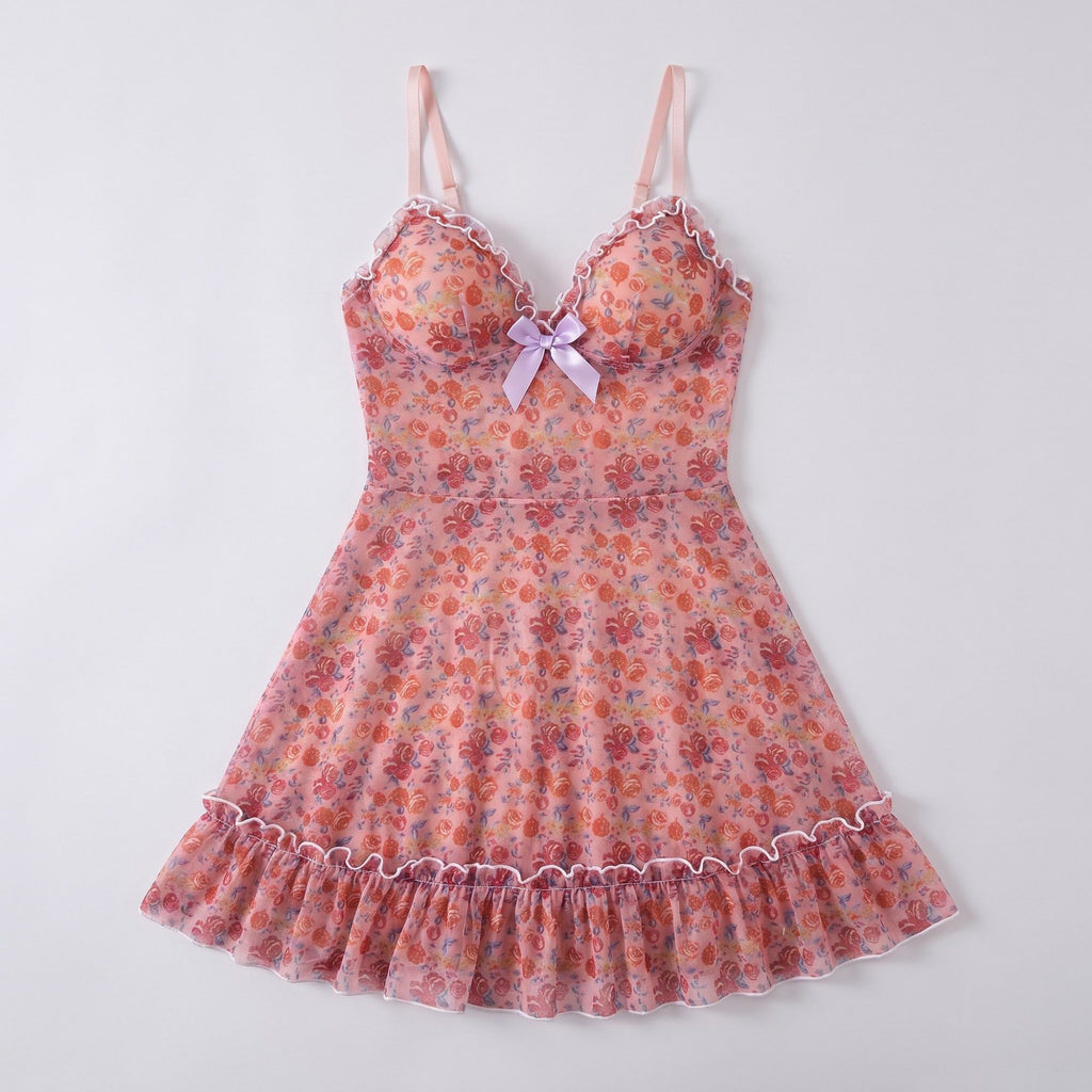 Floral Print Mesh Ruffle Chemise Nightgown