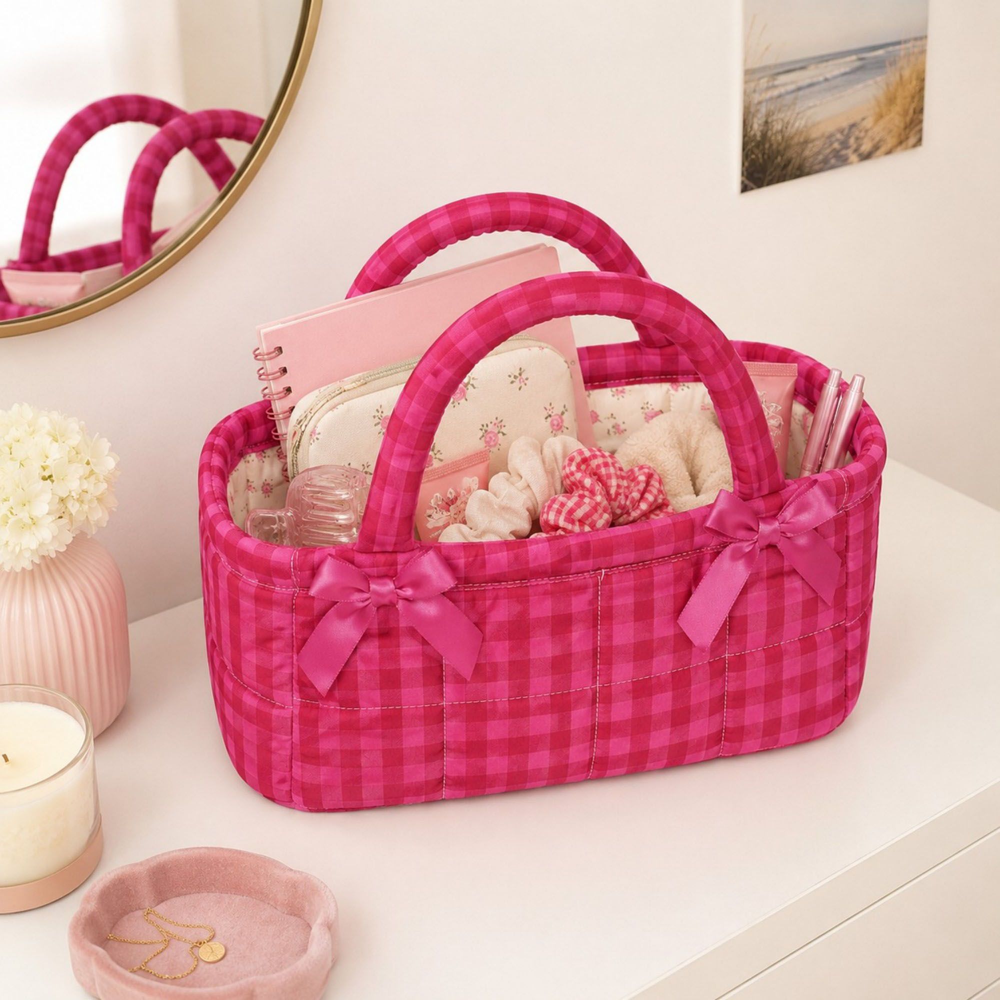 Quilted Gingham Storage Caddy with Handles Bow Accent for Makeup Vanity Dorm Bathroom Organizer