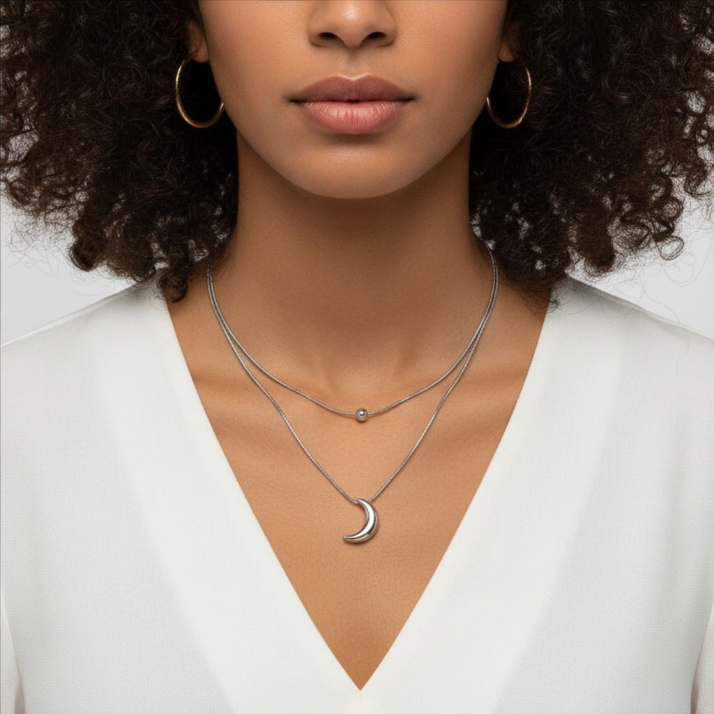 Layered Necklace Set with Minimalist Bead Charm and Sculpted Crescent Moon Pendant for a Delicate Refined Everyday Statement