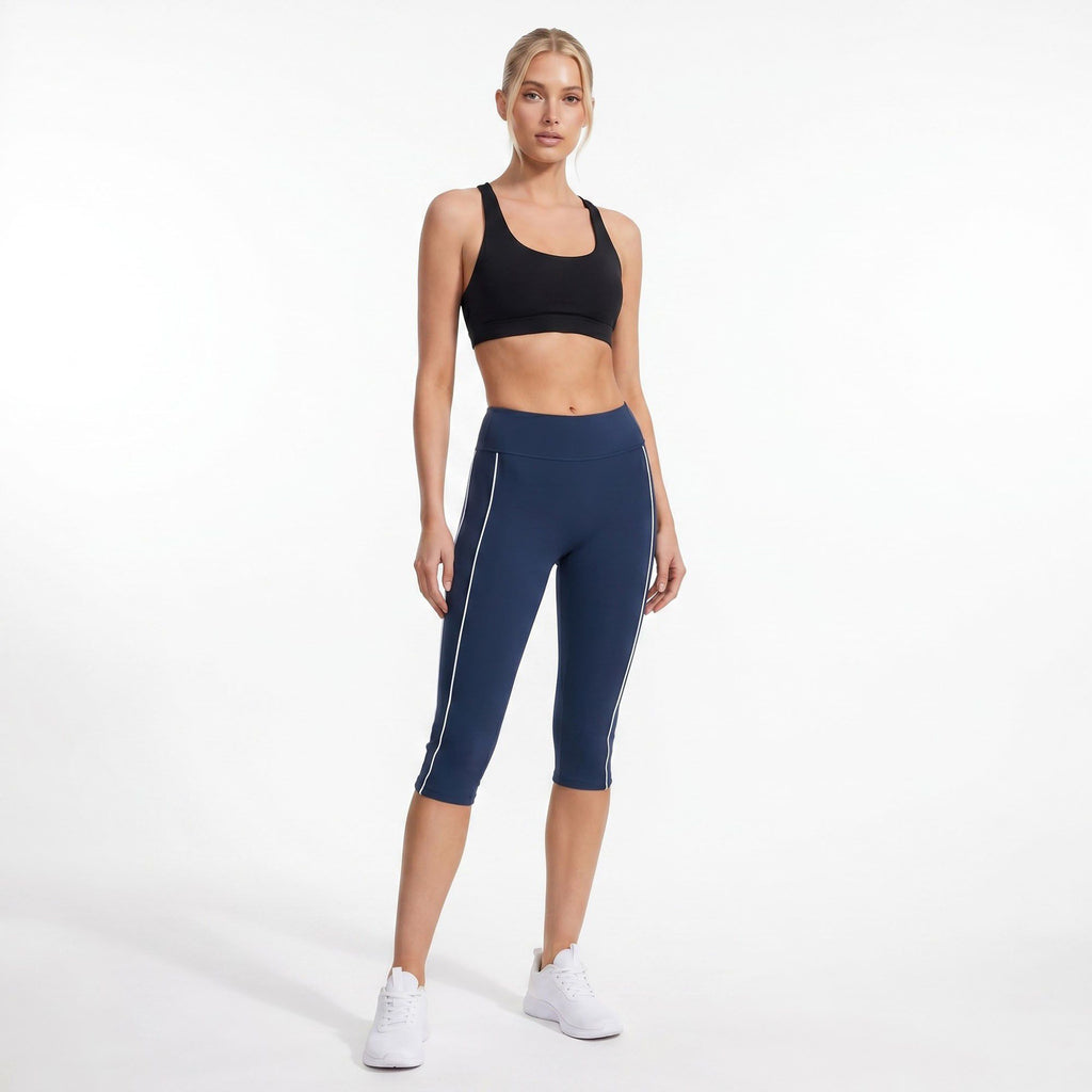 High Waist Side Stripe Capri Leggings Wide Waistband Cropped Workout Yoga Pants