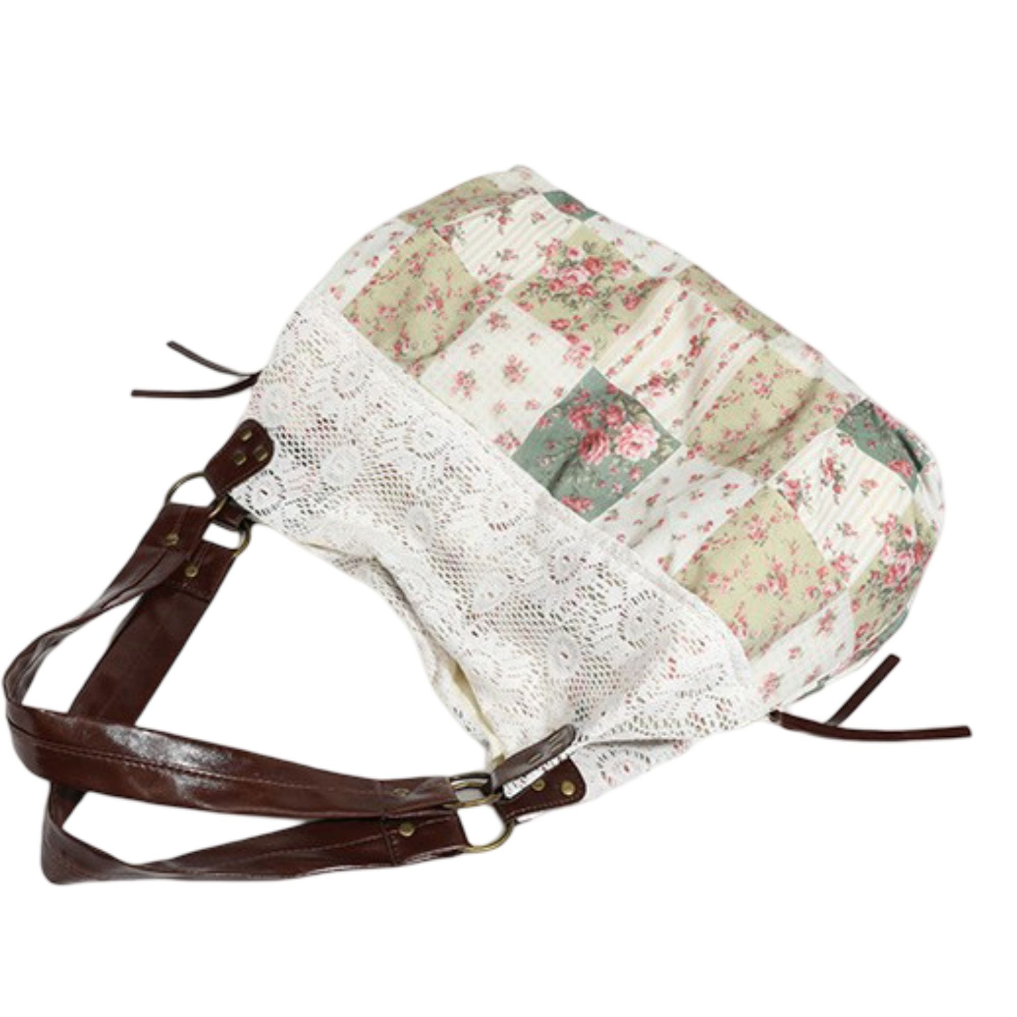 Patchwork Shoulder Bag with Crochet Lace Detail and Faux Leather Straps