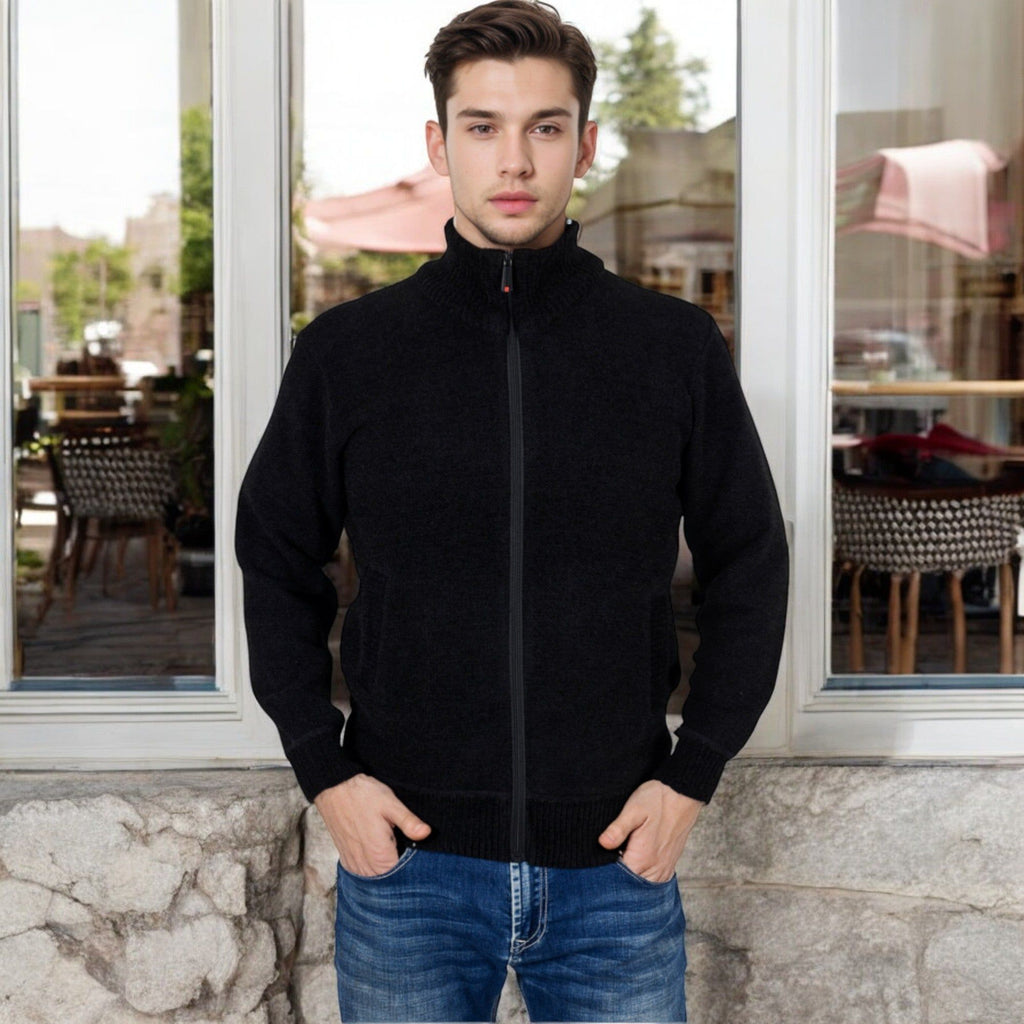 Anna-Kaci Men's Zip-Up Ribbed Knit Cardigan Sweater with Stand Collar