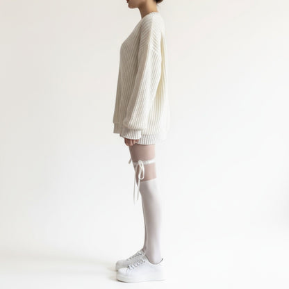 Anna-Kaci 2pcs Women's Sheer Over-the-Knee Tights with Satin Ribbon Bow and Scalloped Edge Design