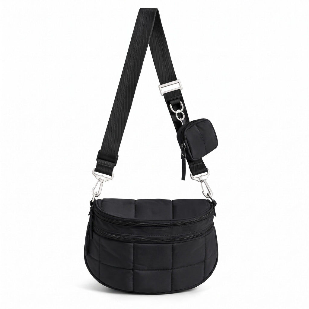 Grid Padded Saddle Crossbody Bag with Detachable Mini Pouch and Adjustable Wide Shoulder Strap 10.2x4.5x8.3in