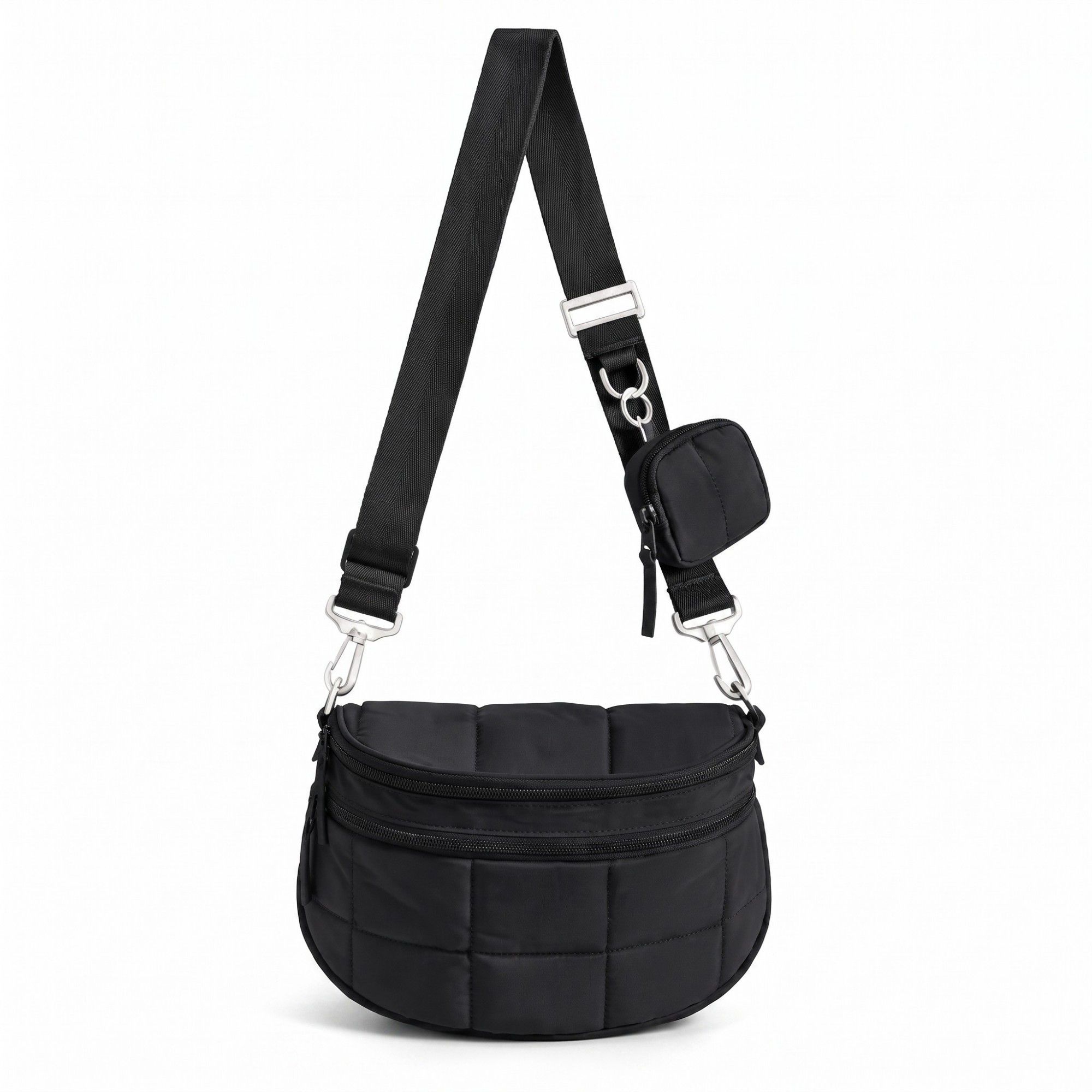 Grid Padded Saddle Crossbody Bag with Detachable Mini Pouch and Adjustable Wide Shoulder Strap 10.2x4.5x8.3in
