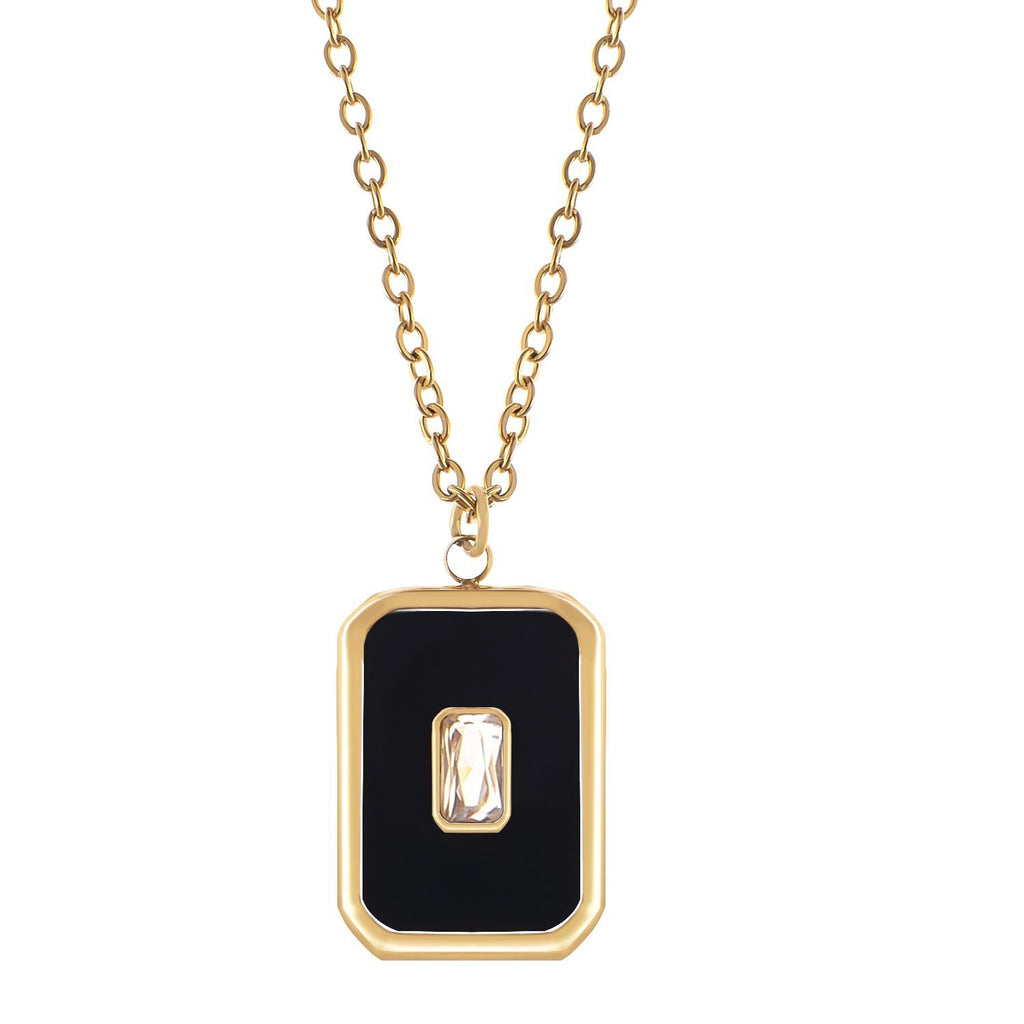 Women's Stainless Steel Fashion Necklace with 18K Gold Plated Pendant, Enamel Inlay, Clear Zircon Stone Accent, Adjustable Chain