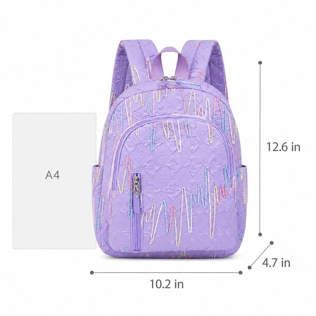 Quilted Backpack with Embroidered Pattern and Multiple Pockets