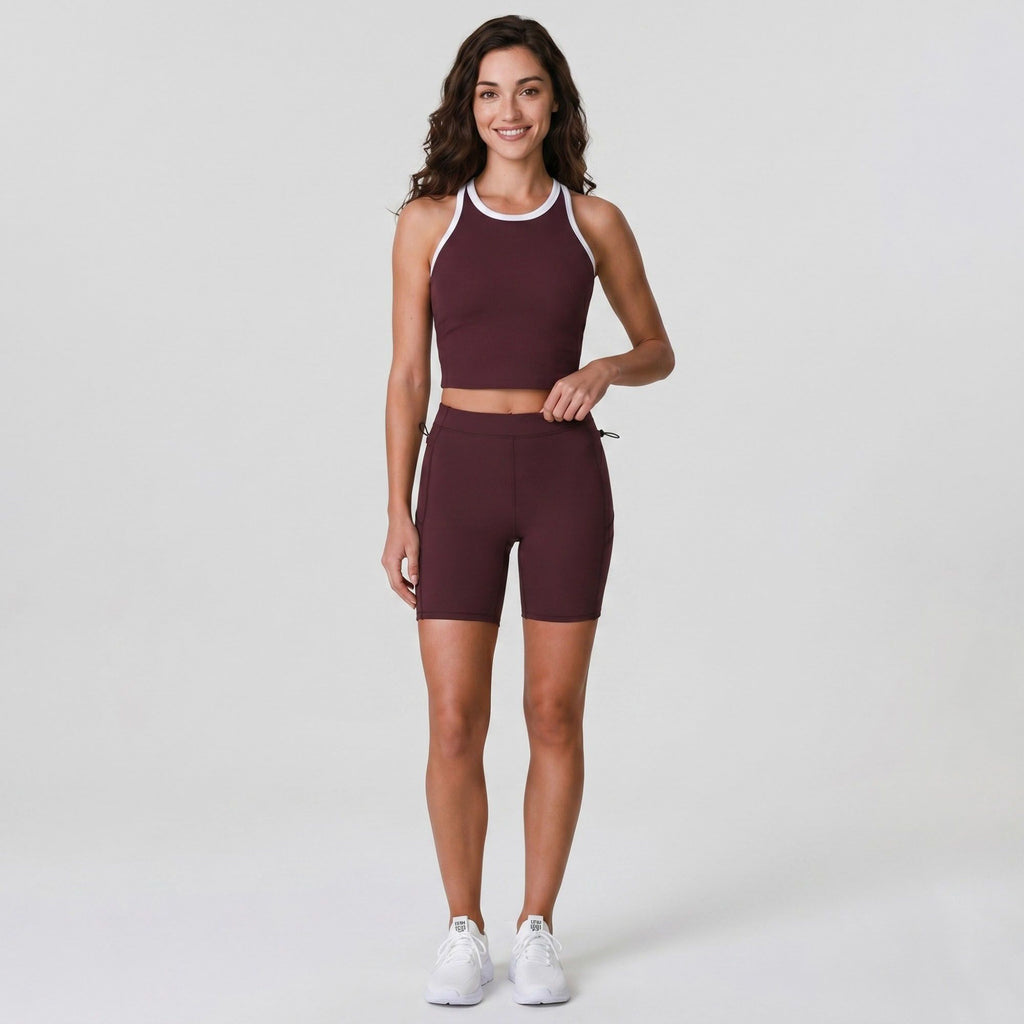 Padded Ribbed High Neck Sports Bra Tank Top Contrast Trim Workout Yoga Crop Top