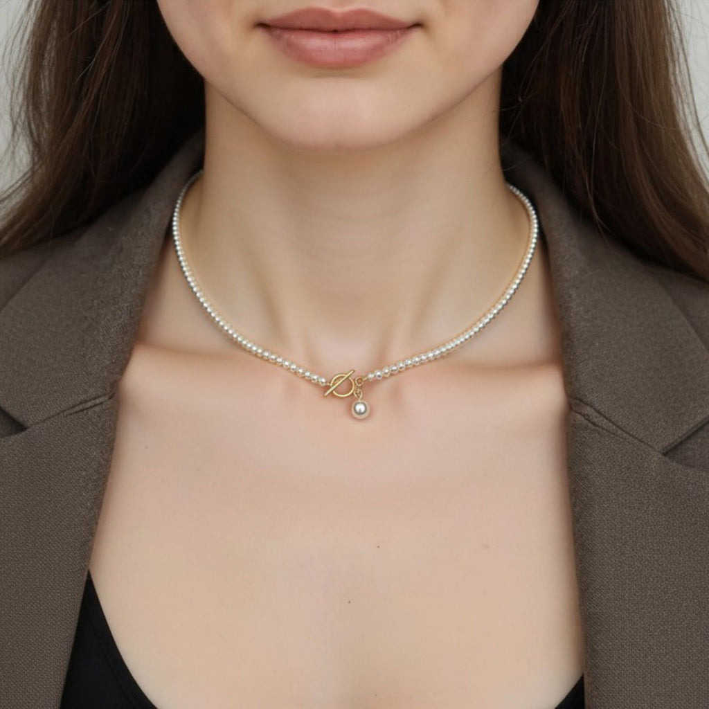 Women's Pearl Beaded Necklace with Front Toggle Clasp and Drop Pearl Pendant