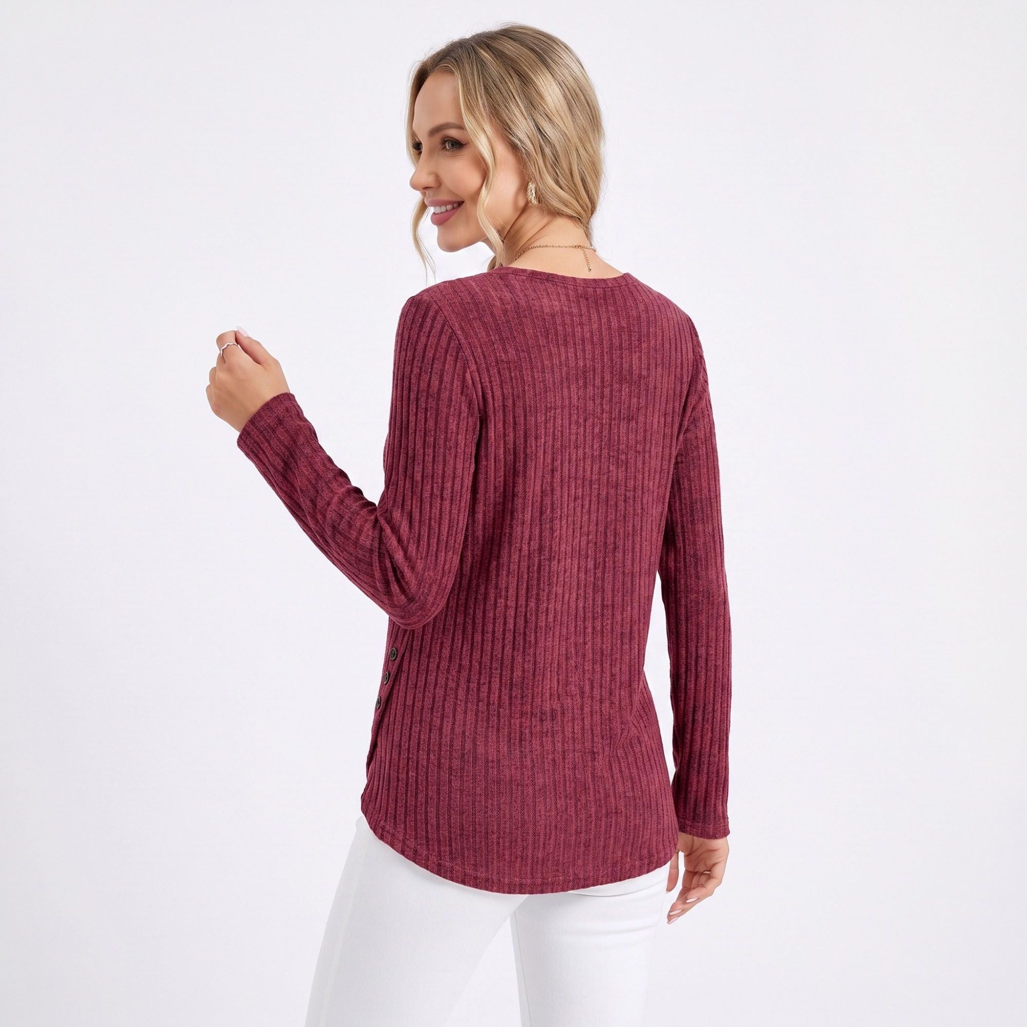 Ribbed Crew Neck Side Slit Long Sleeve Tunic Top