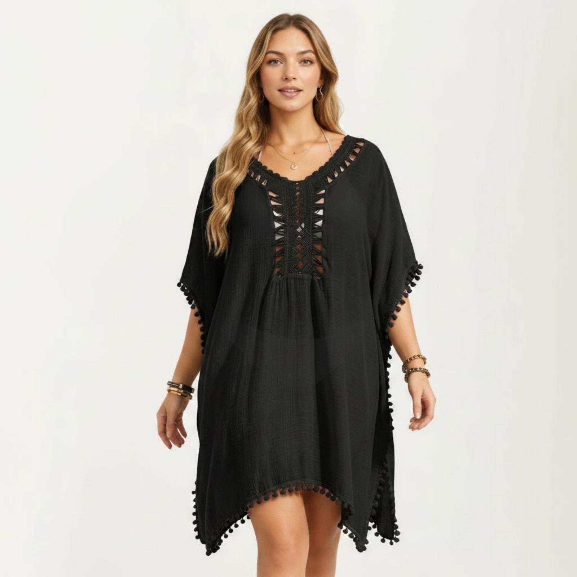Anna-Kaci Women's Swim Cover Up Dress with Crochet Cutout Neckline Pom Trim Hem Loose Short Sleeves Relaxed Fit