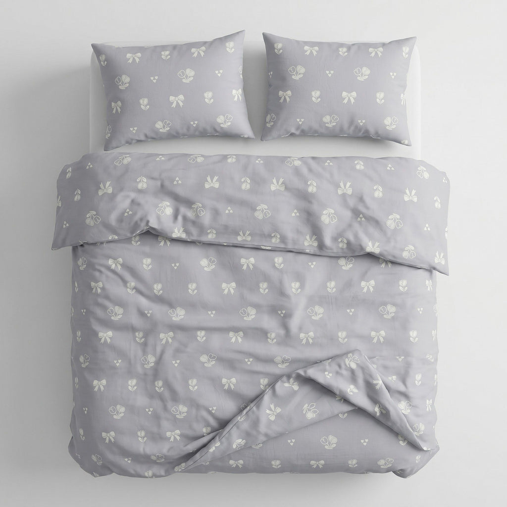 3-Piece Cotton Bedding Set with Duvet Cover and Pillowcases Soft Washed Fabric Minimal Floral Bow Print