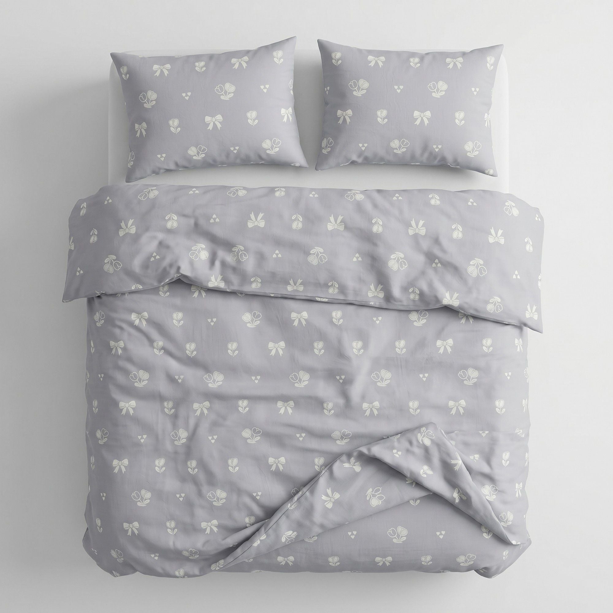 3-Piece Cotton Bedding Set with Duvet Cover and Pillowcases Soft Washed Fabric Minimal Floral Bow Print