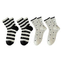 4 Pairs Women's Crew Socks with Black and White Patterns Soft Cotton Texture Heart and Stripe for Flats and Dress Shoes