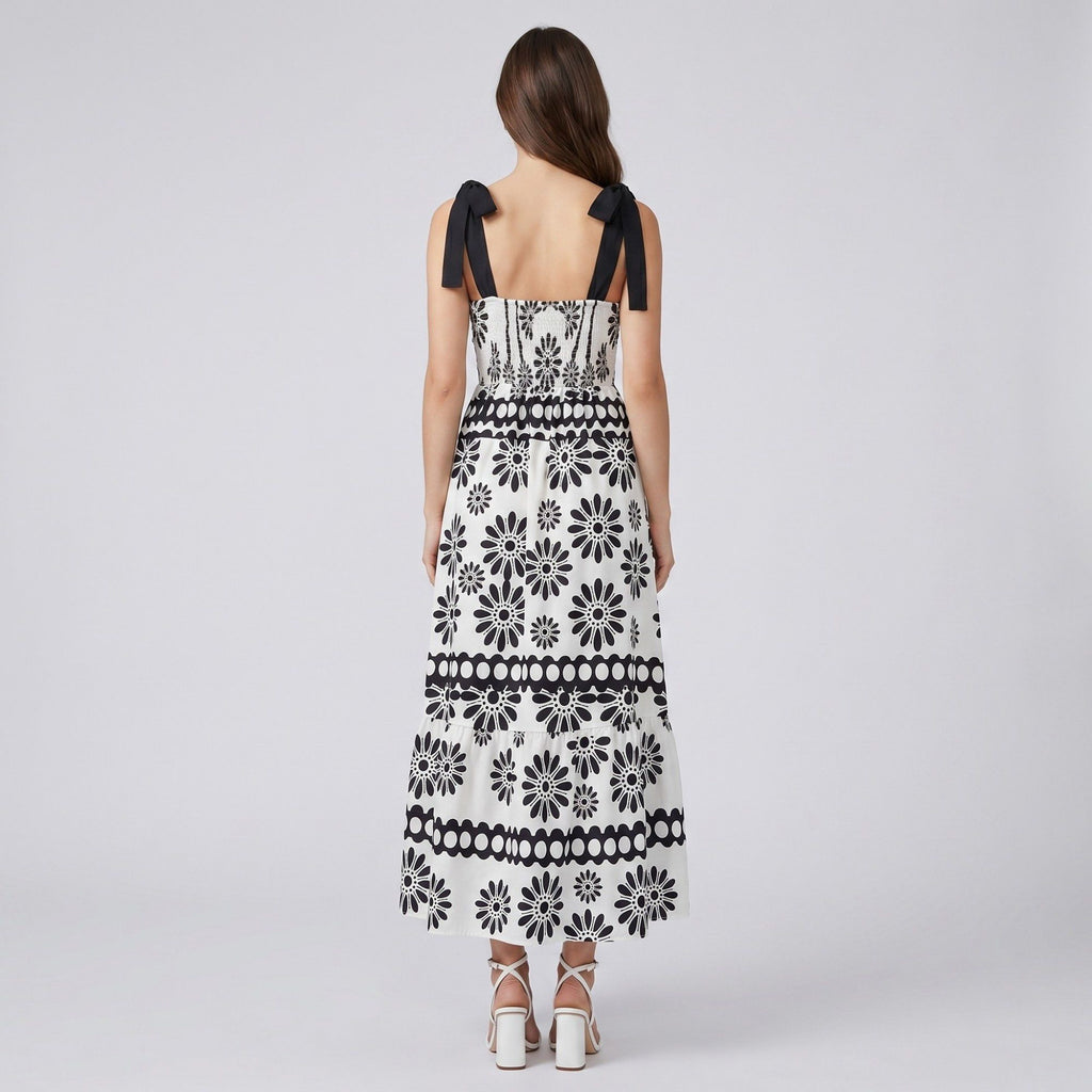 Tie Shoulder Square Neck Midi Dress Black and White Floral Smocked Tiered Sundress