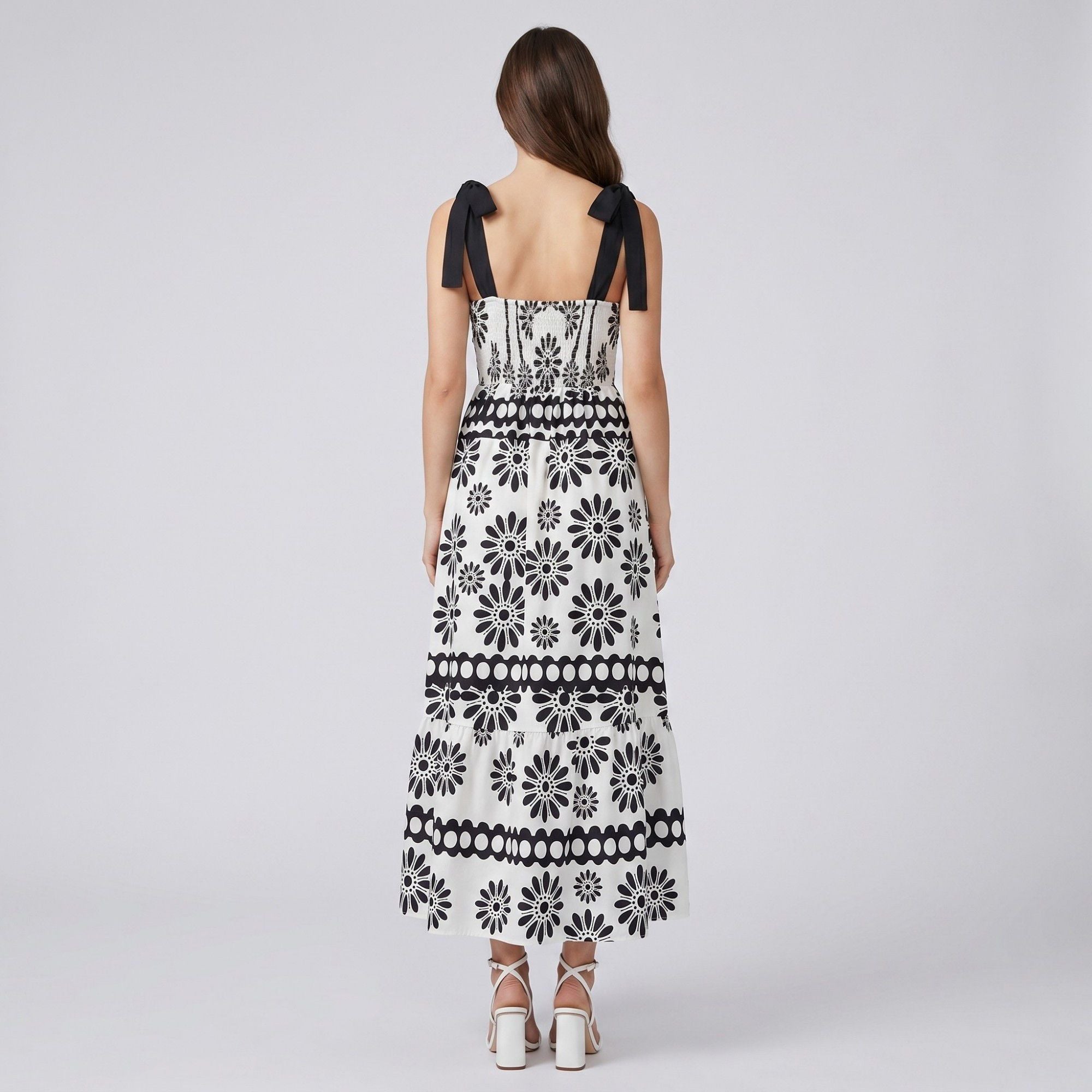 Tie Shoulder Square Neck Midi Dress Black and White Floral Smocked Tiered Sundress
