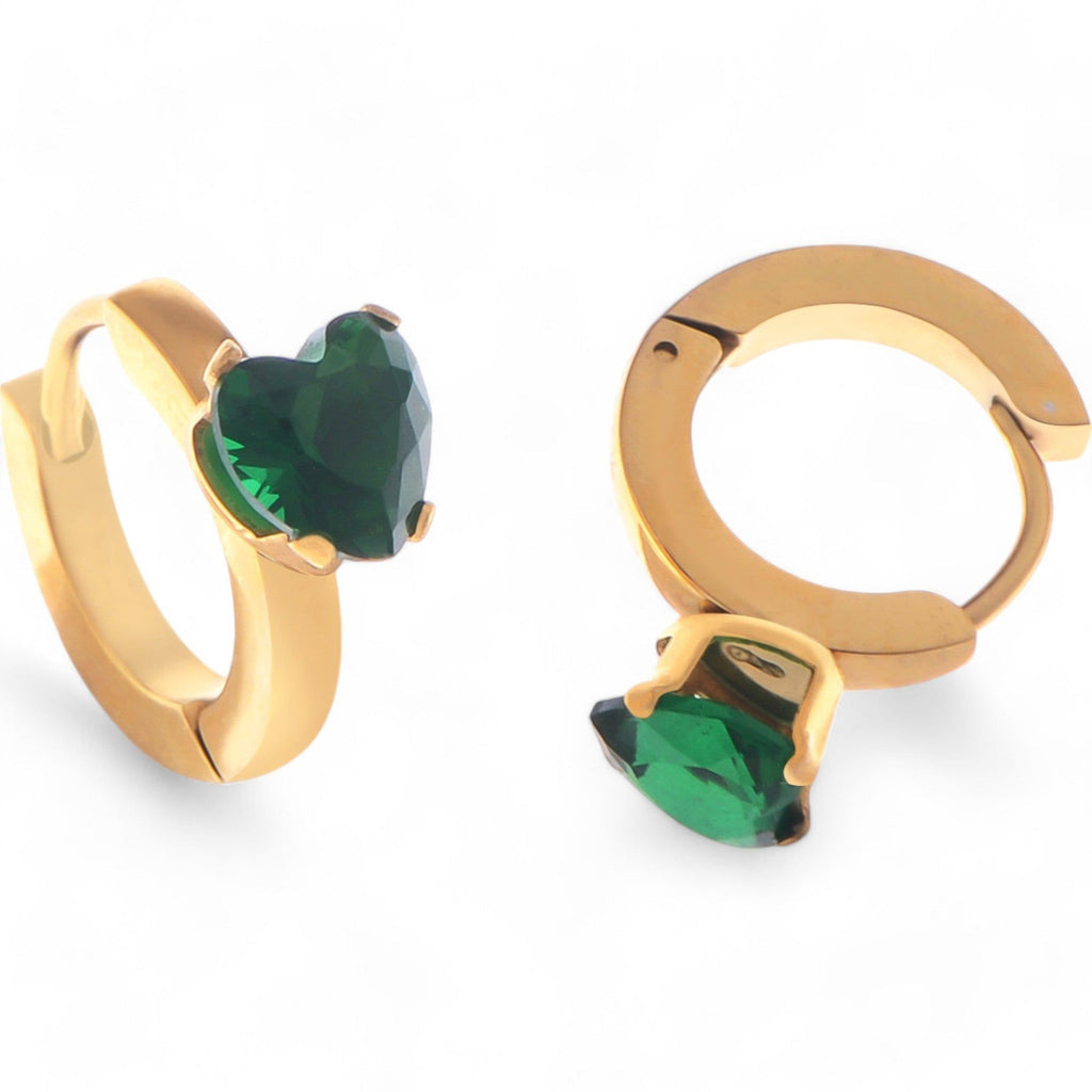 Women's Gold Hoop Fashion Earrings with Emerald Green Heart Shaped Crystal Stud