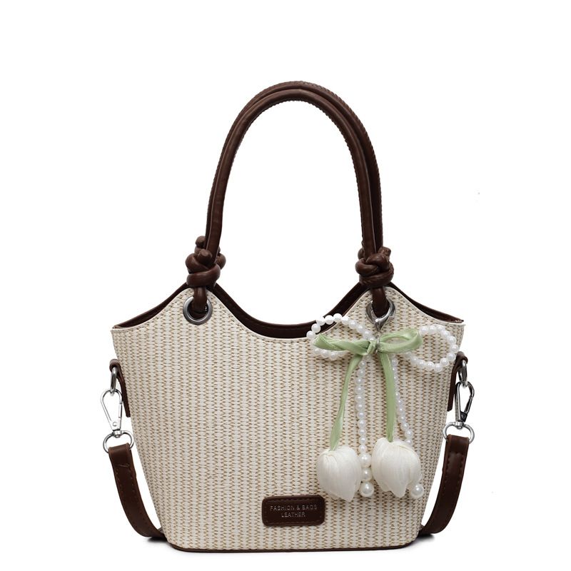 Women's Woven Mini Tote Crossbody Bag with Pearl Bow Charm and Strap