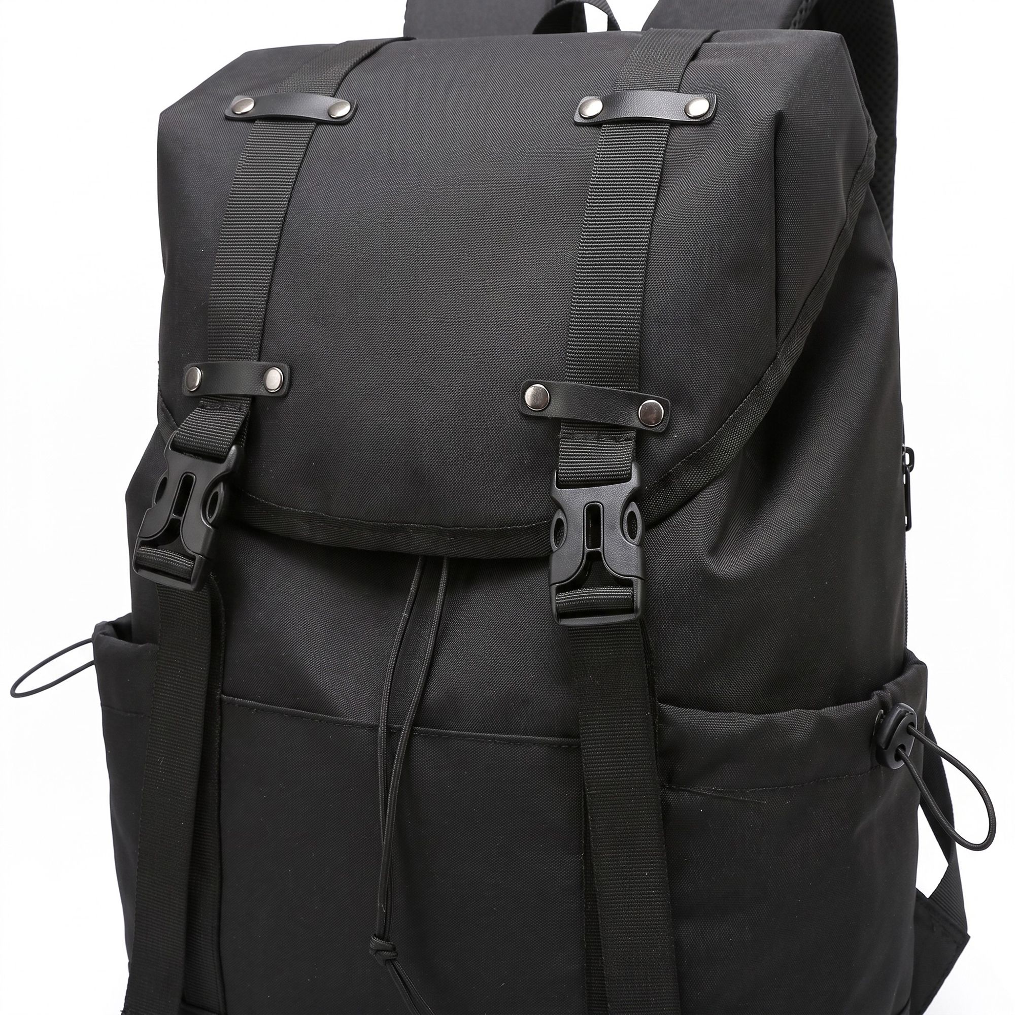 Large Flap Backpack with Drawstring Closure Buckle Straps Side Pockets and Padded Shoulder Straps