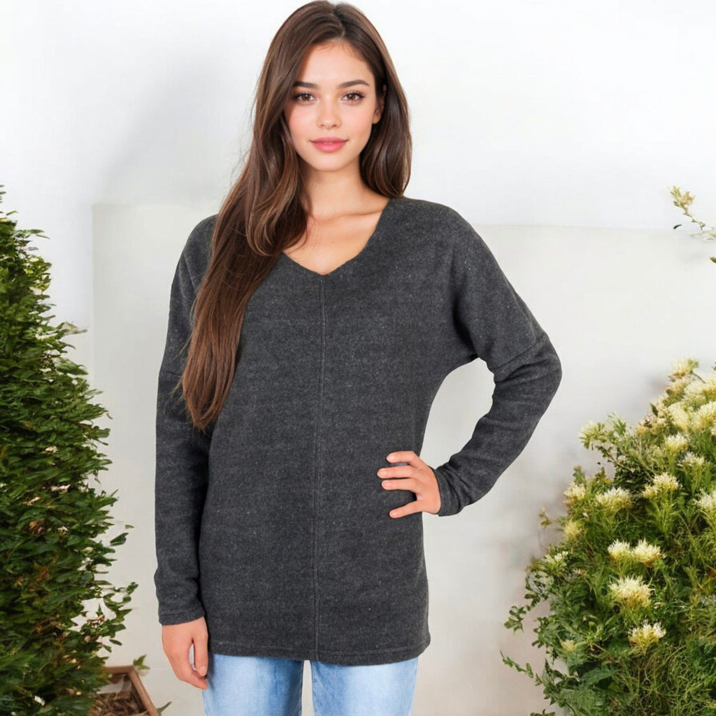Anna-Kaci Women's Long Sleeve V-Neck Tunic Sweater with Seam Detail