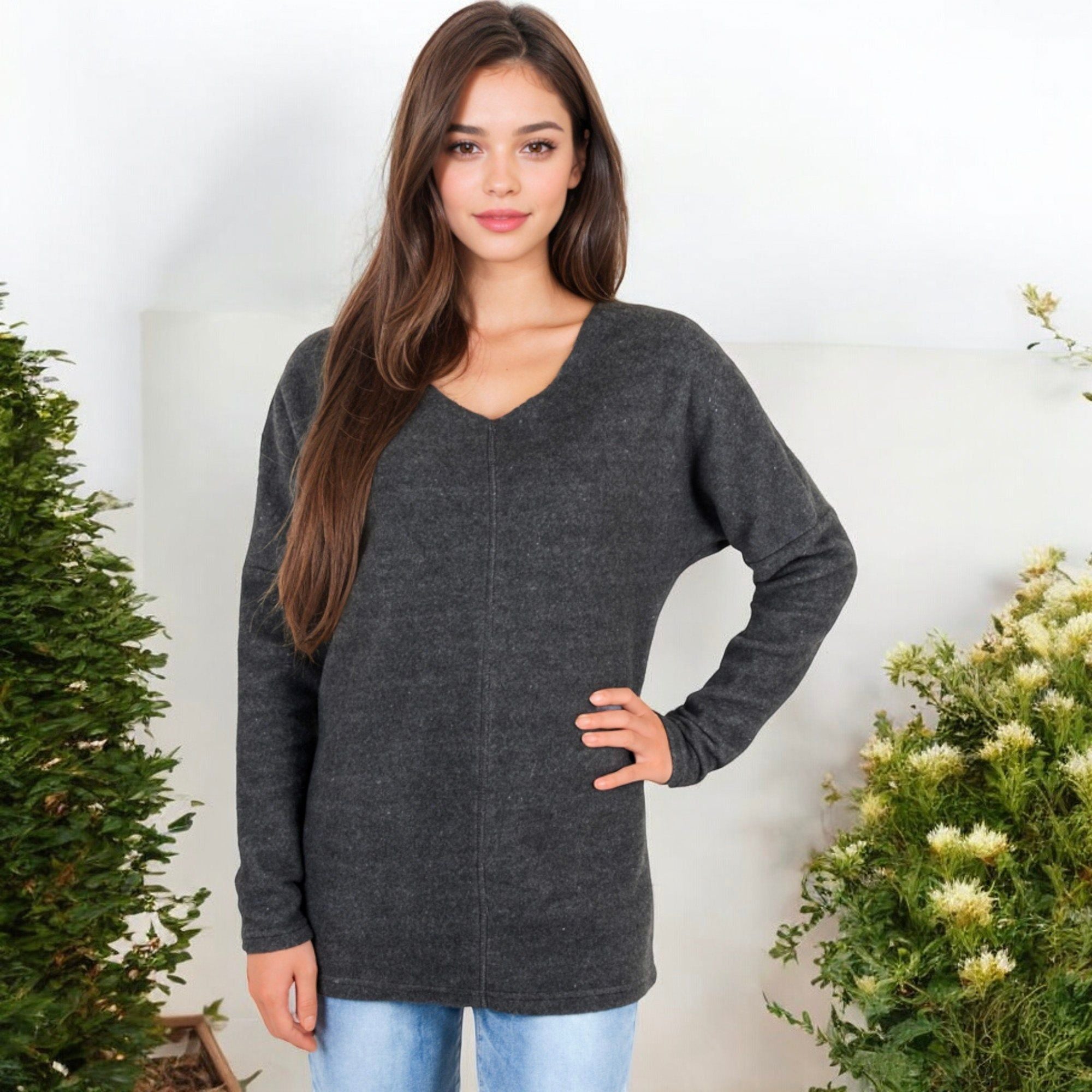 Anna-Kaci Women's Long Sleeve V-Neck Tunic Sweater with Seam Detail