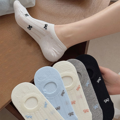Anna-Kaci 5 Pairs Women's Bow Pattern Low Cut No Show Socks Breathable Mesh Knit Anti-Slip Design Multiple Color Options