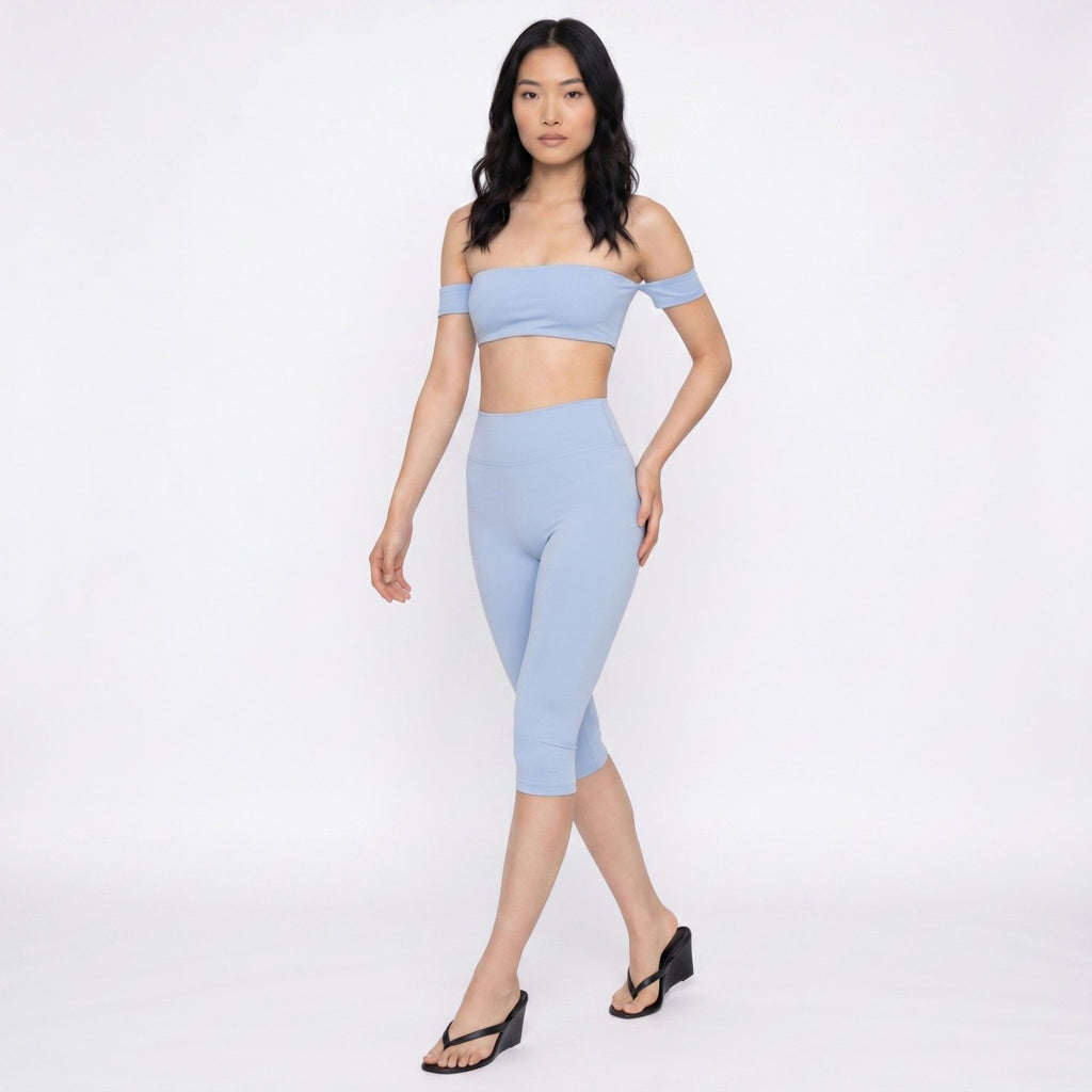 Off Shoulder Bandeau Sports Bra with Arm Strap Detail Smooth Stretch Active Top and Minimal Cropped Fit