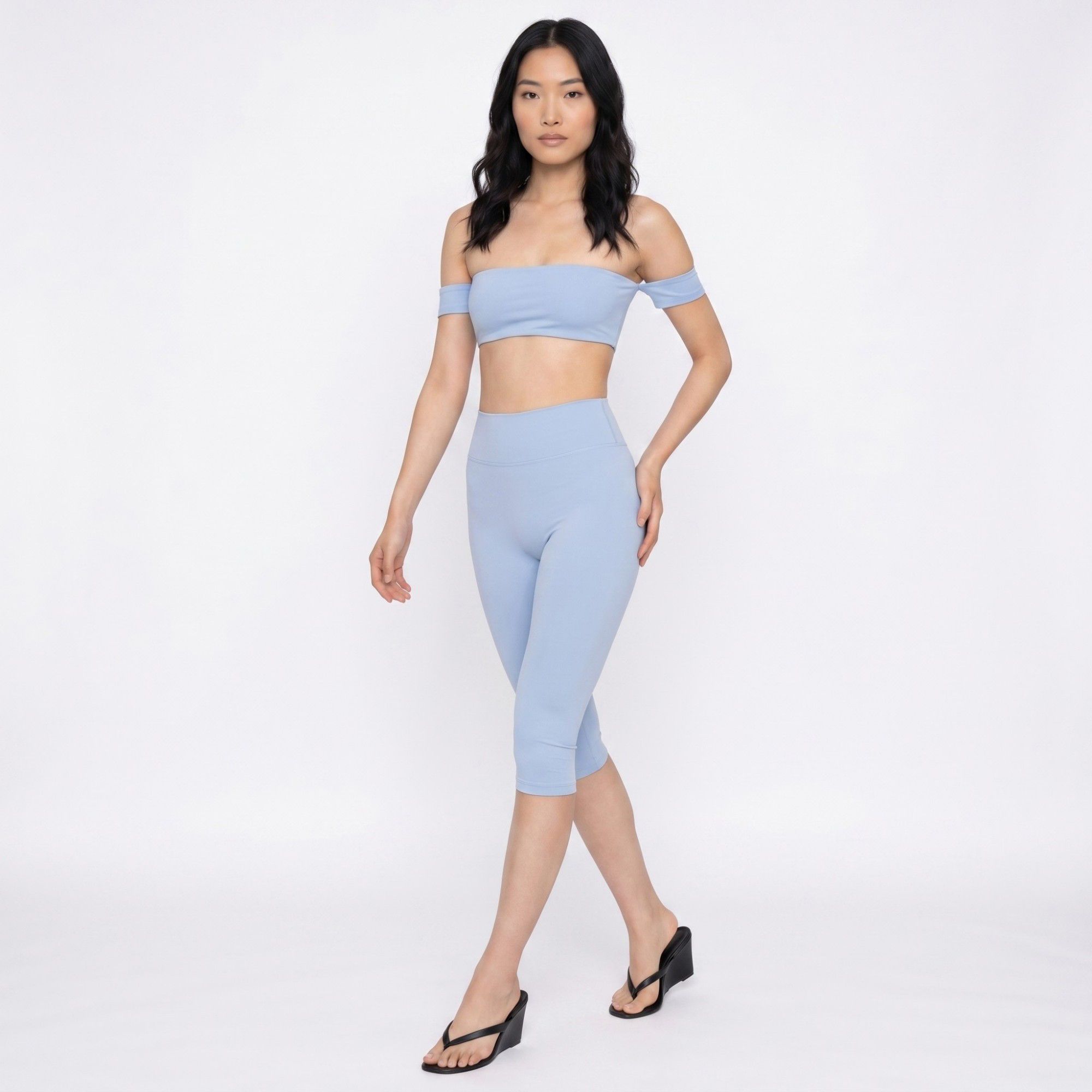 Off Shoulder Bandeau Sports Bra with Arm Strap Detail Smooth Stretch Active Top and Minimal Cropped Fit