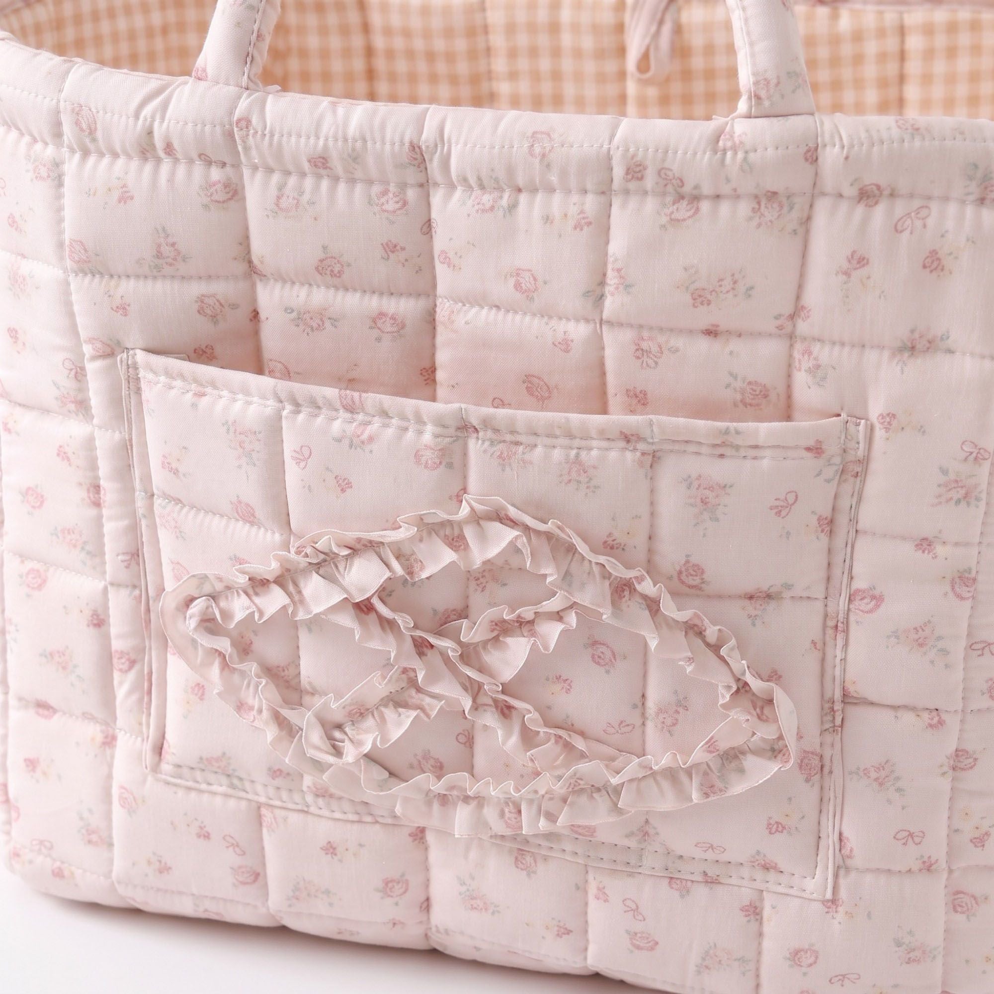 Floral Quilted Fabric Storage Tote with Handles and Pocket