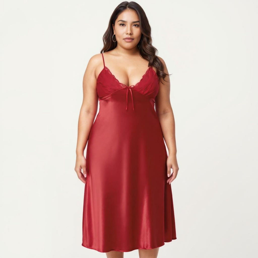 Anna-Kaci Lounge Women's Plus Size Satin Chemise Nightgown with Lace Trim Neckline Adjustable Straps Side Slit Slip Dress