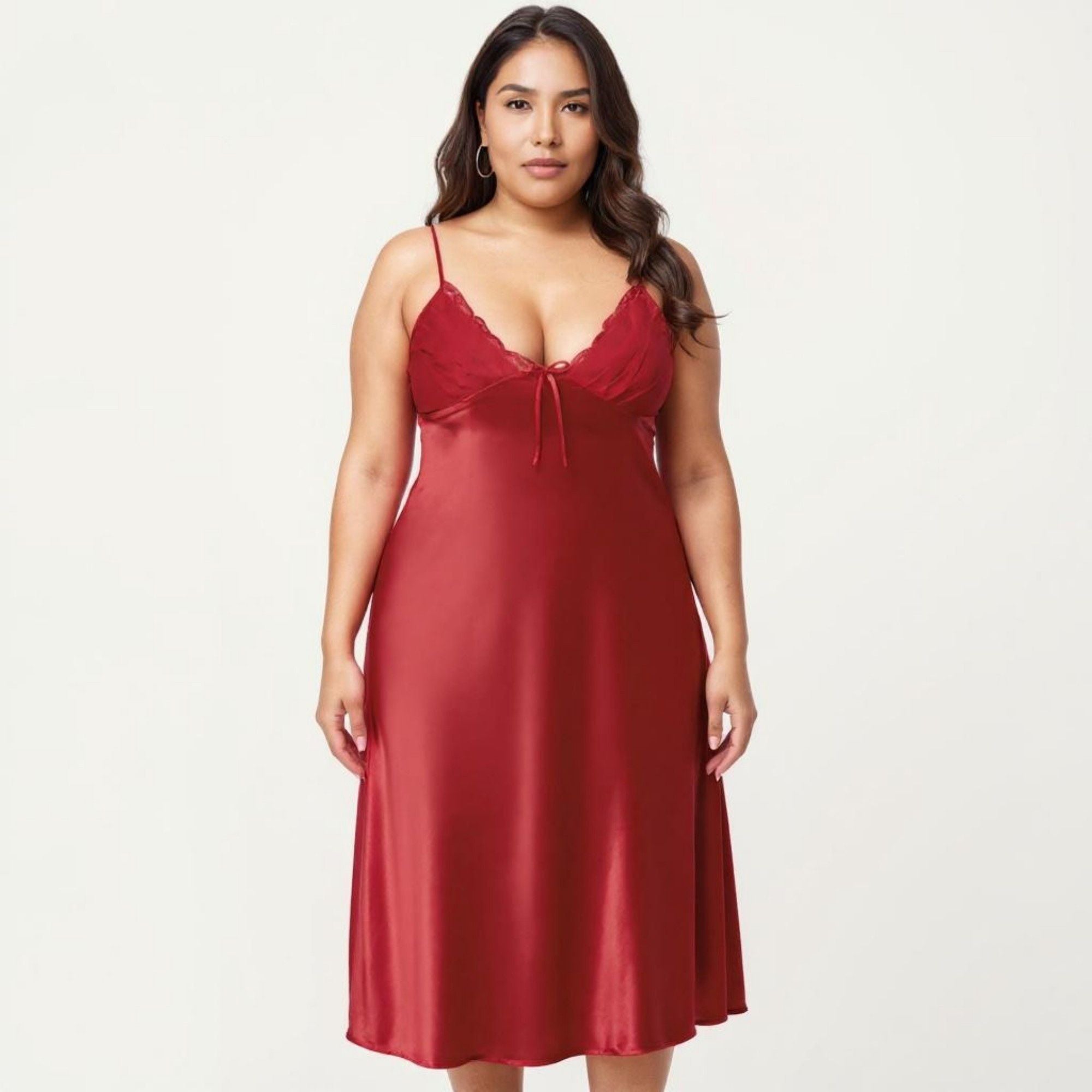 Anna-Kaci Lounge Women's Plus Size Satin Chemise Nightgown with Lace Trim Neckline Adjustable Straps Side Slit Slip Dress
