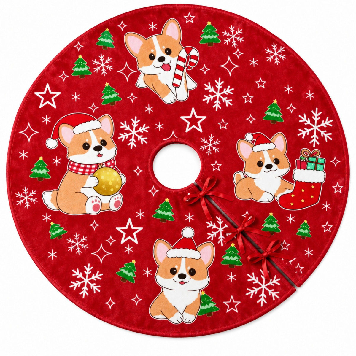 Christmas Tree Skirt with Festive Corgi Dog Print Red Holiday Tree Base Cover