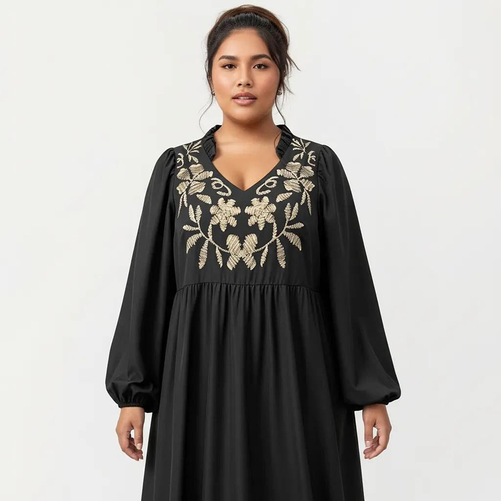 Anna-Kaci Women's Plus Size Long Sleeve V Neck Dress with Floral Embroidered Bodice and Flowy Tiered Skirt