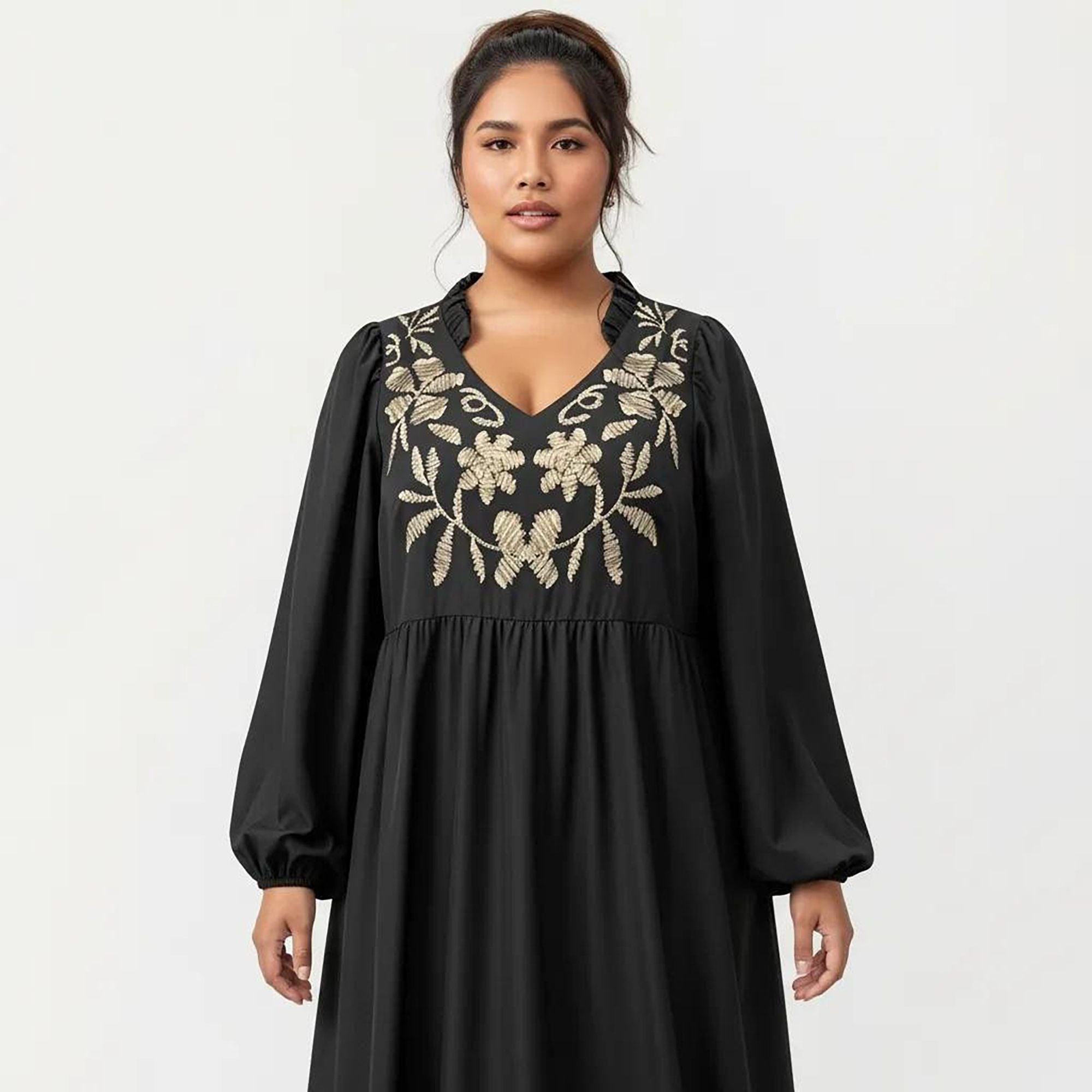 Anna-Kaci Women's Plus Size Long Sleeve V Neck Dress with Floral Embroidered Bodice and Flowy Tiered Skirt